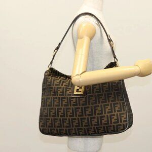 FENDI Zucca Canvas Shoulder Bag Black Brown gold Auth 141407